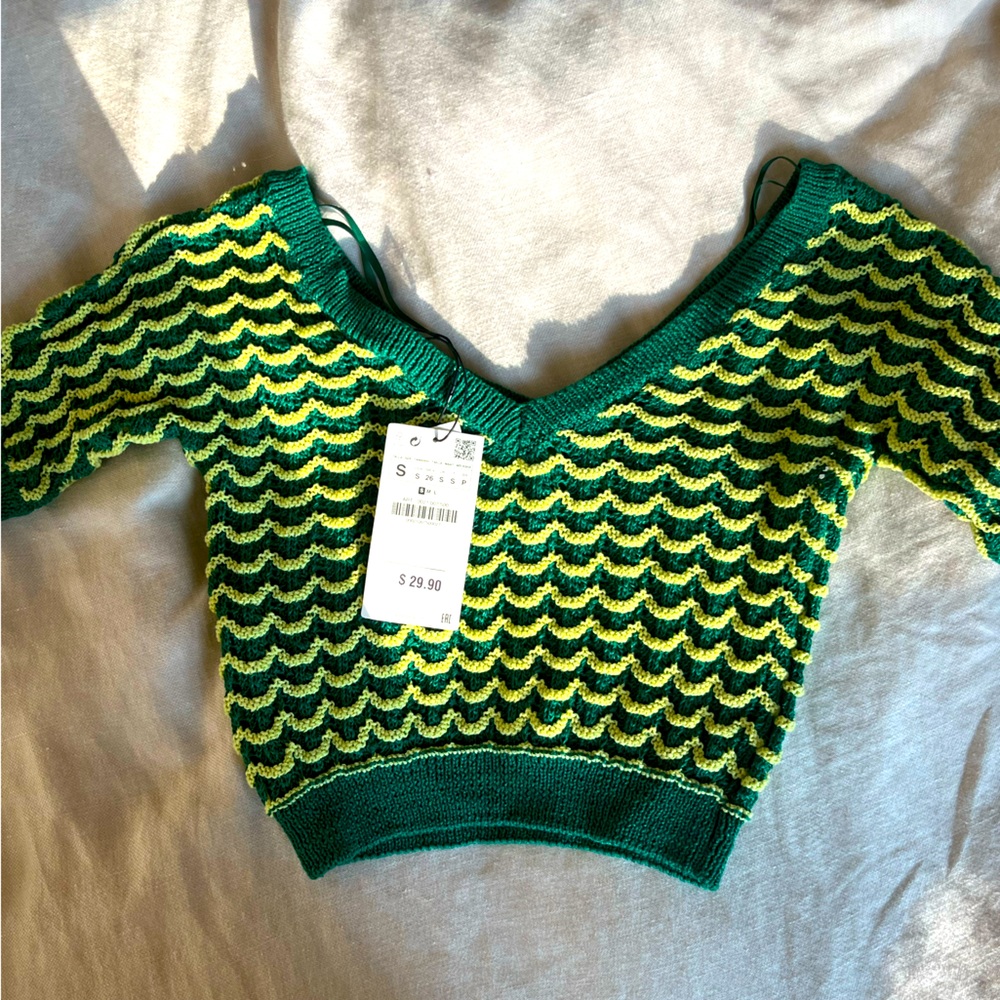 Zara green/yellow short sleeve sweater crop top